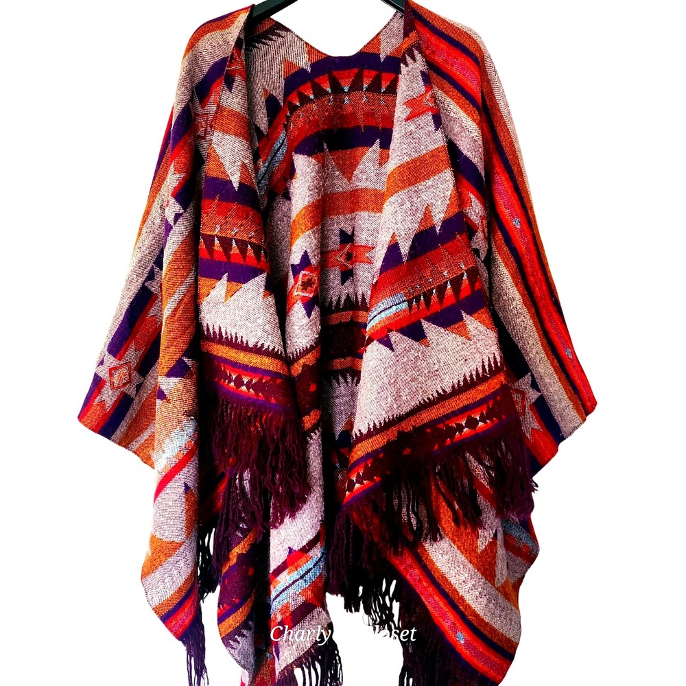 Reversible Southwestern Fringe Boho Oversized‎ Shawl Wrap Cape Mountain Chic